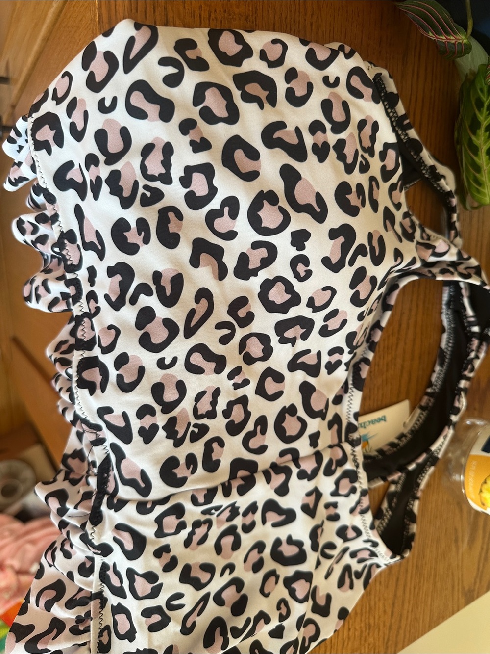 Leopard Print Ruffle Tank Swimsuit Top - Pink & Black